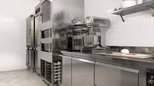 commercial, professional bakery kitchen, stainless steel cabinet with kneading machine, pizza dough preparation, convection deck oven baking bun, freezer, refrigerator, white tile wall background 3d